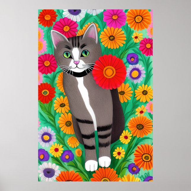Whimsical Grey and White Cats and Red Flower Poster (Front)
