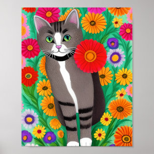 Whimsical Grey and White Cats and Red Flower Poster