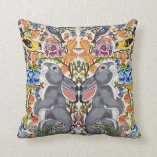 Whimsical Grey Bunny Rabbit Bird Floral Jacobean Cushion