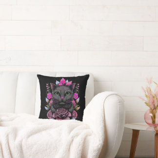Whimsical Grey Cat with Pink Flowers Cushion