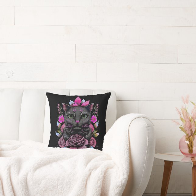 Whimsical Grey Cat with Pink Flowers Cushion (Couch)