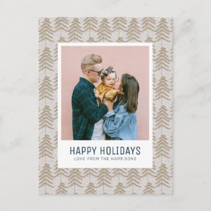 Whimsical Grey Gold Pine Tree Pattern Family Photo Holiday Postcard