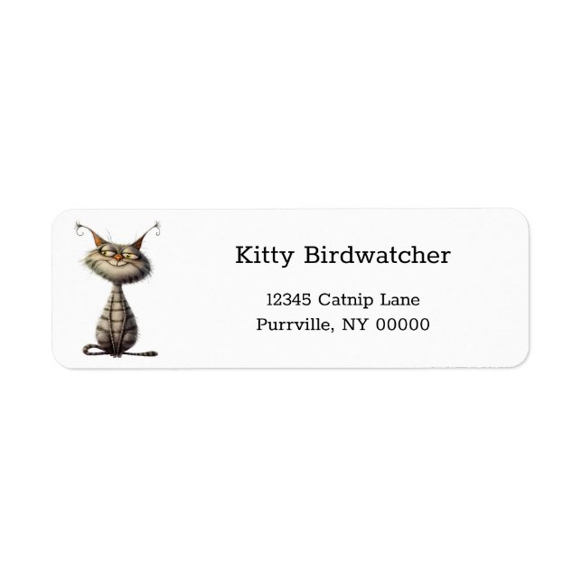 Whimsical Grey Grinning Cat Illustration Address (Front)