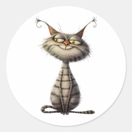 Whimsical Grey Grinning Cat Illustration Classic Round Sticker