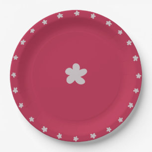 Whimsical Grey-Lilac Doodled Flowers on Dark Red Paper Plate