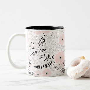 Whimsical Grey Pink Black Patterned Flowers Two-Tone Coffee Mug