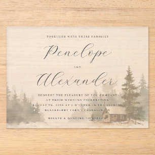 Whimsical Grey Watercolor Winter Cabin Acrylic Invitations