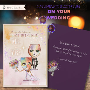 Whimsical Groom & Bride Wine Glasses Wedding Card