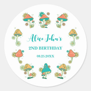Whimsical Groovy Psychedelic Mushroom Birthday Classic Round Sticker
