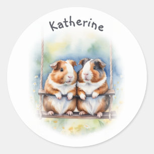 Whimsical Guinea Pigs on a Swing Personalised Classic Round Sticker