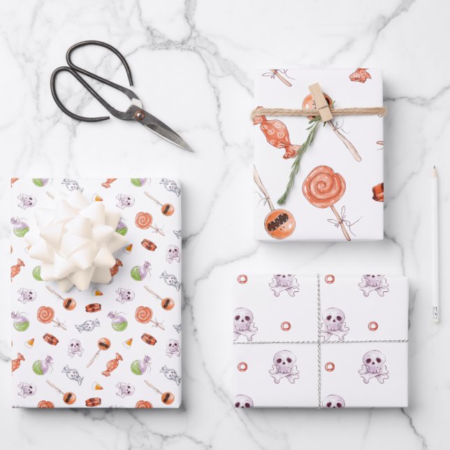 Whimsical Halloween Candy and Skulls Pattern Wrapping Paper Sheet (Front)
