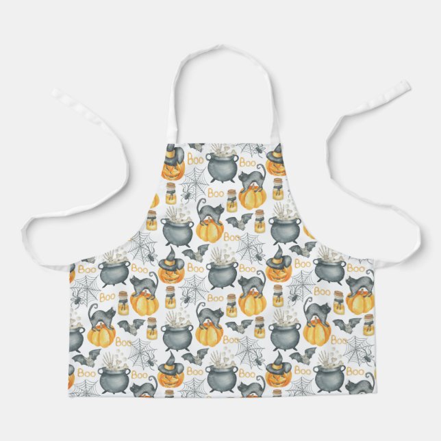 Whimsical Halloween Cauldron and Cats Pattern Apron (Front)