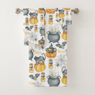 Whimsical Halloween Cauldron and Cats Pattern Bath Towel Set