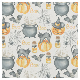 Whimsical Halloween Cauldron and Cats Pattern Fabric