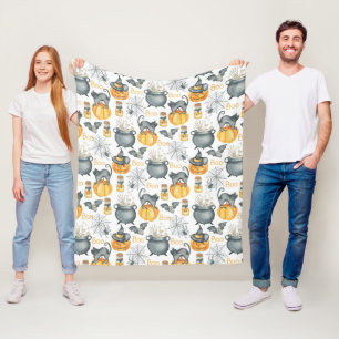 Whimsical Halloween Cauldron and Cats Pattern Fleece Blanket