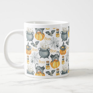 Whimsical Halloween Cauldron and Cats Pattern Large Coffee Mug