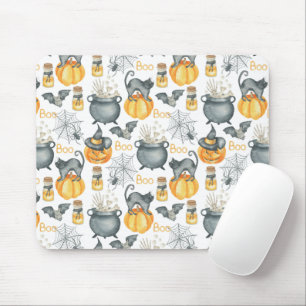 Whimsical Halloween Cauldron and Cats Pattern Mouse Mat