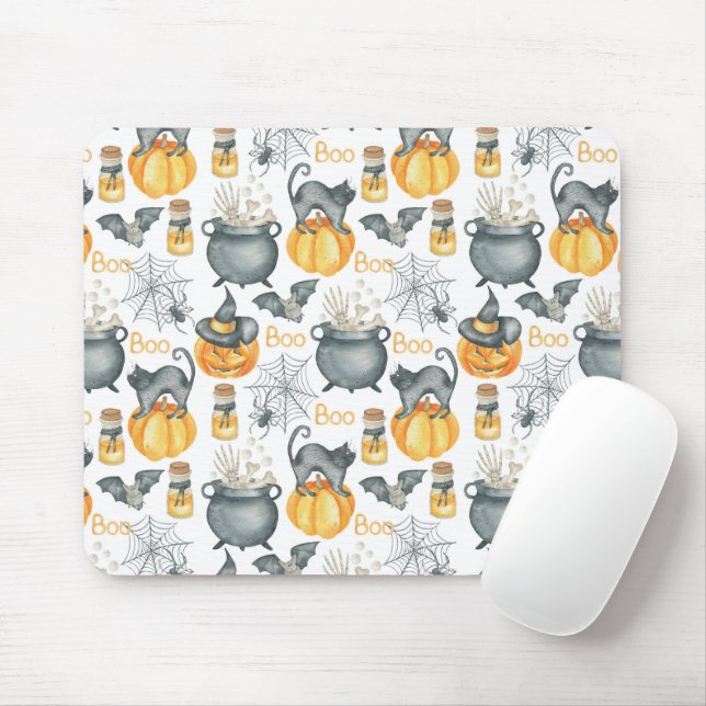 Whimsical Halloween Cauldron and Cats Pattern Mouse Mat (With Mouse)