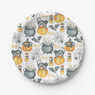 Whimsical Halloween Cauldron and Cats Pattern Paper Plate