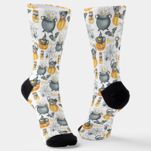 Whimsical Halloween Cauldron and Cats Pattern Socks