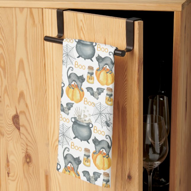 Whimsical Halloween Cauldron and Cats Pattern Tea Towel (Thirds Fold)