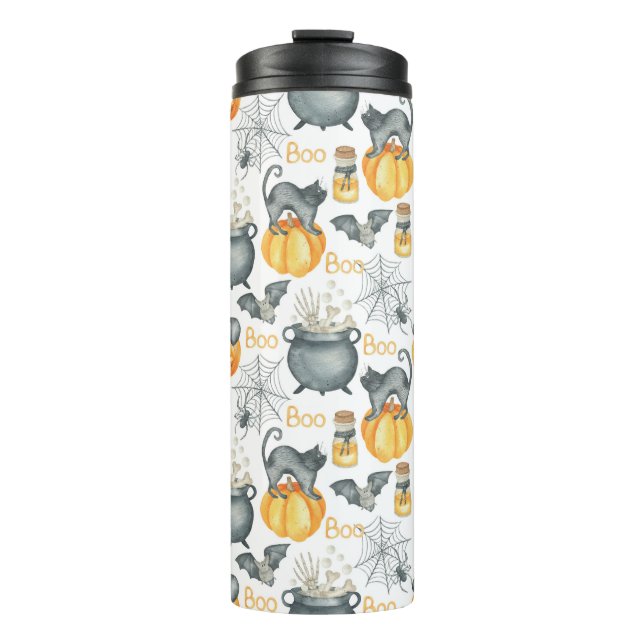Whimsical Halloween Cauldron and Cats Pattern Thermal Tumbler (Front)