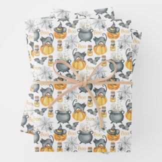 Whimsical Halloween Cauldron and Cats Pattern Wrapping Paper Sheet