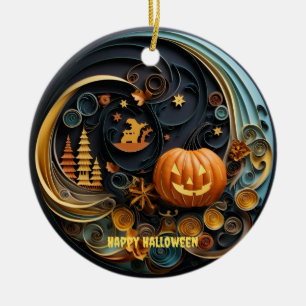 Whimsical Halloween Ceramic Ornament, Paper Quill Tree Decoration