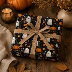 Whimsical Halloween Cute Ghosts & Pumpkins Design Wrapping Paper Sheet