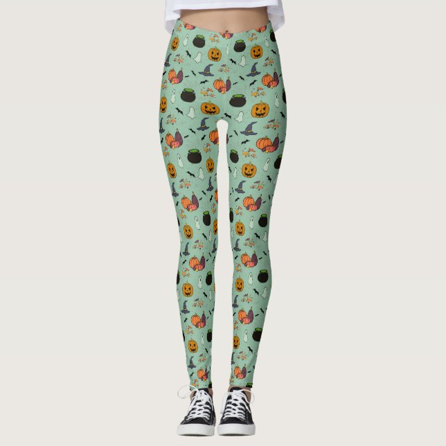 Whimsical Halloween Design Leggings, Pumpkins Bats Leggings (Front)