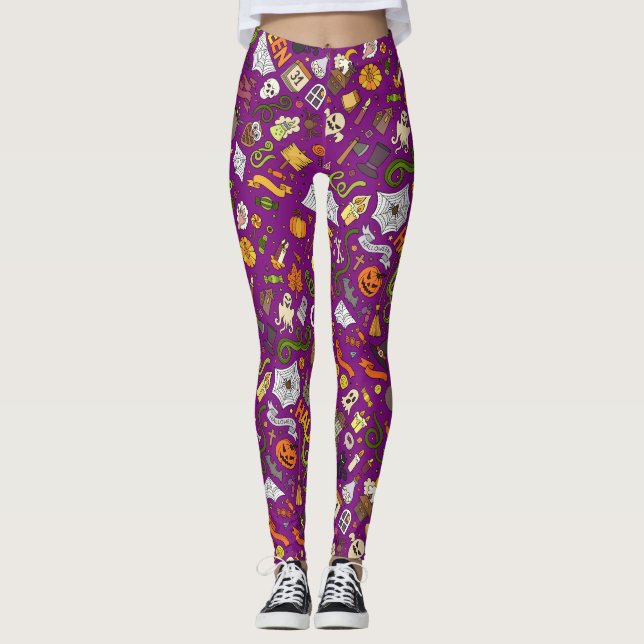 Whimsical Halloween Designs on purple Leggings (Front)