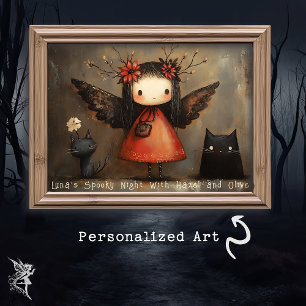 Whimsical Halloween Fairy & Cats Personalised Wall Poster