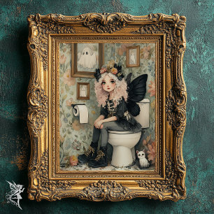 Whimsical Halloween Fairy on Toilet with Ghost Art Poster