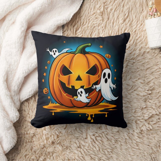 Whimsical Halloween ghosts around a spooky pumpkin Cushion (Blanket)