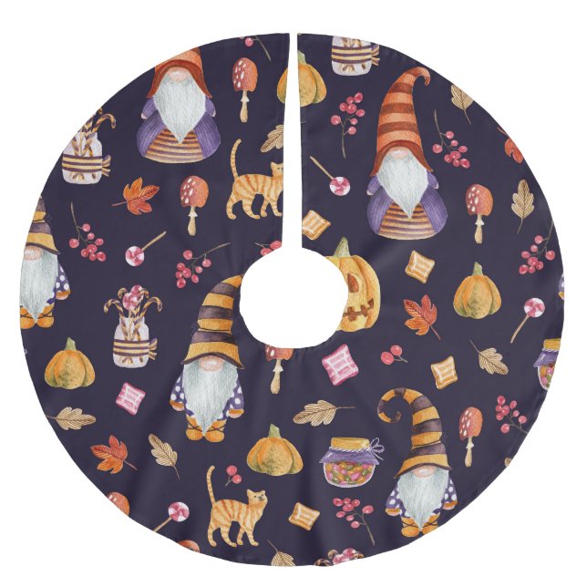 Whimsical Halloween: Gnomes & Pumpkins Brushed Polyester Tree Skirt (Front)