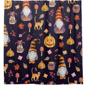 Whimsical Halloween: Gnomes & Pumpkins Shower Curtain