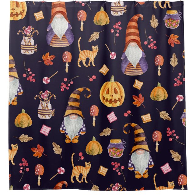 Whimsical Halloween: Gnomes & Pumpkins Shower Curtain (Front)