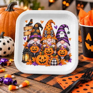Whimsical Halloween Gnomes Spooky Jack-O-Lanterns Paper Plate