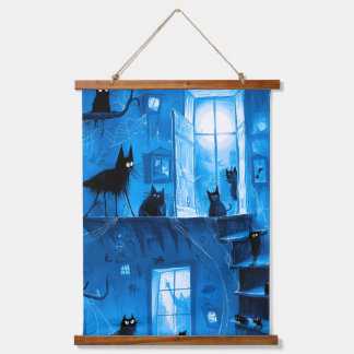 Whimsical Halloween Gothic Spooky Black Cats Hanging Tapestry