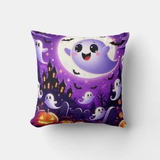 Whimsical Halloween Graveyard Scene – Cute Ghosts  Cushion
