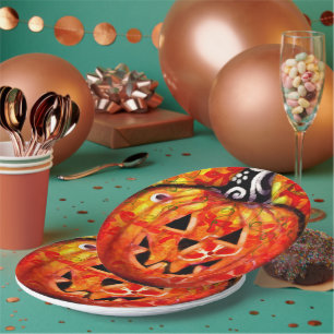 Whimsical Halloween Jack-O-Lantern Abstract Orange Paper Plate