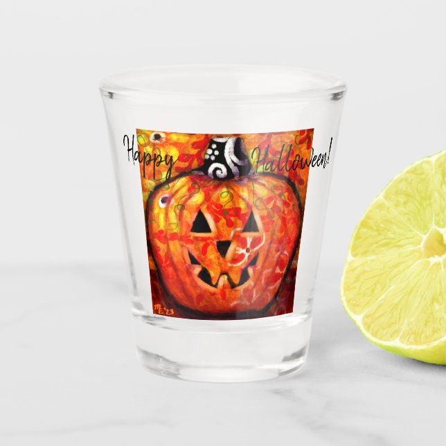Whimsical Halloween Jack-O-Lantern Abstract Orange Shot Glass (Front)