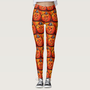 Whimsical Halloween Jack O Lantern Floral Orange Leggings