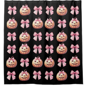 Whimsical Halloween Jack O Lantern Pink Bows Black Shower Curtain