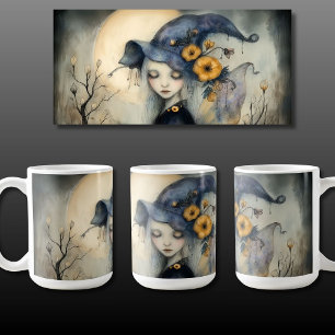Whimsical Halloween Moon Witch with Wings Coffee Mug