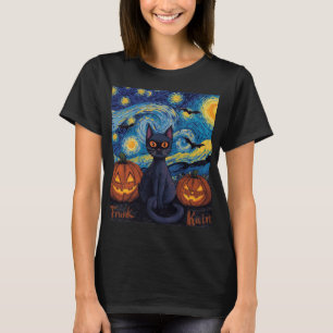 Whimsical Halloween Night Cat Artwork T-Shirt