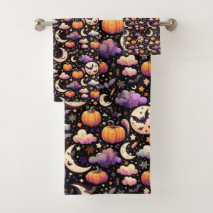 Whimsical Halloween Night Sky Pattern Bath Towel Set