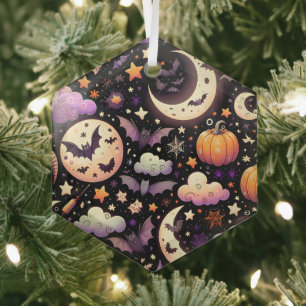 Whimsical Halloween Night Sky Pattern Glass Tree Decoration