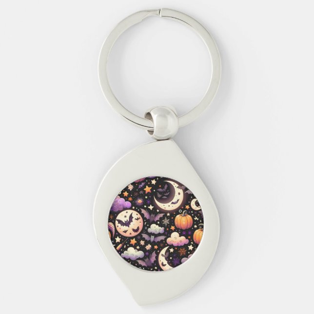 Whimsical Halloween Night Sky Pattern Key Ring (Front)