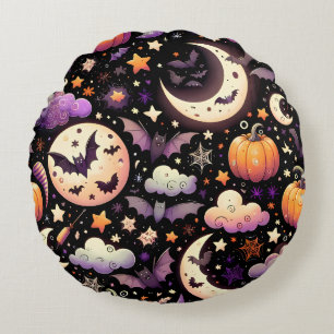Whimsical Halloween Night Sky Pattern Round Cushion